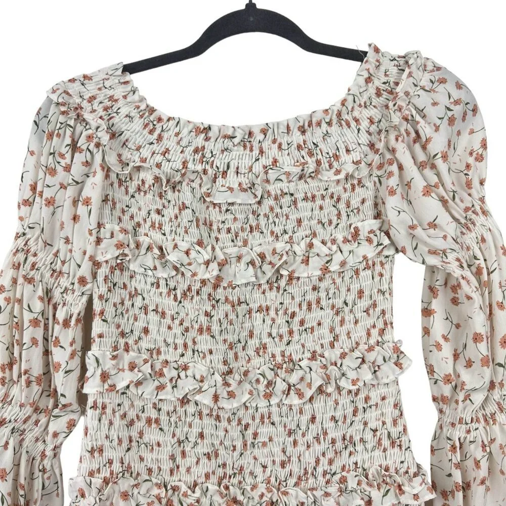SABO SKIRT Shirred Lule Ruched Dress Sz S Floral Tiered Off The Shoulder Ruffle - Picture 14 of 14